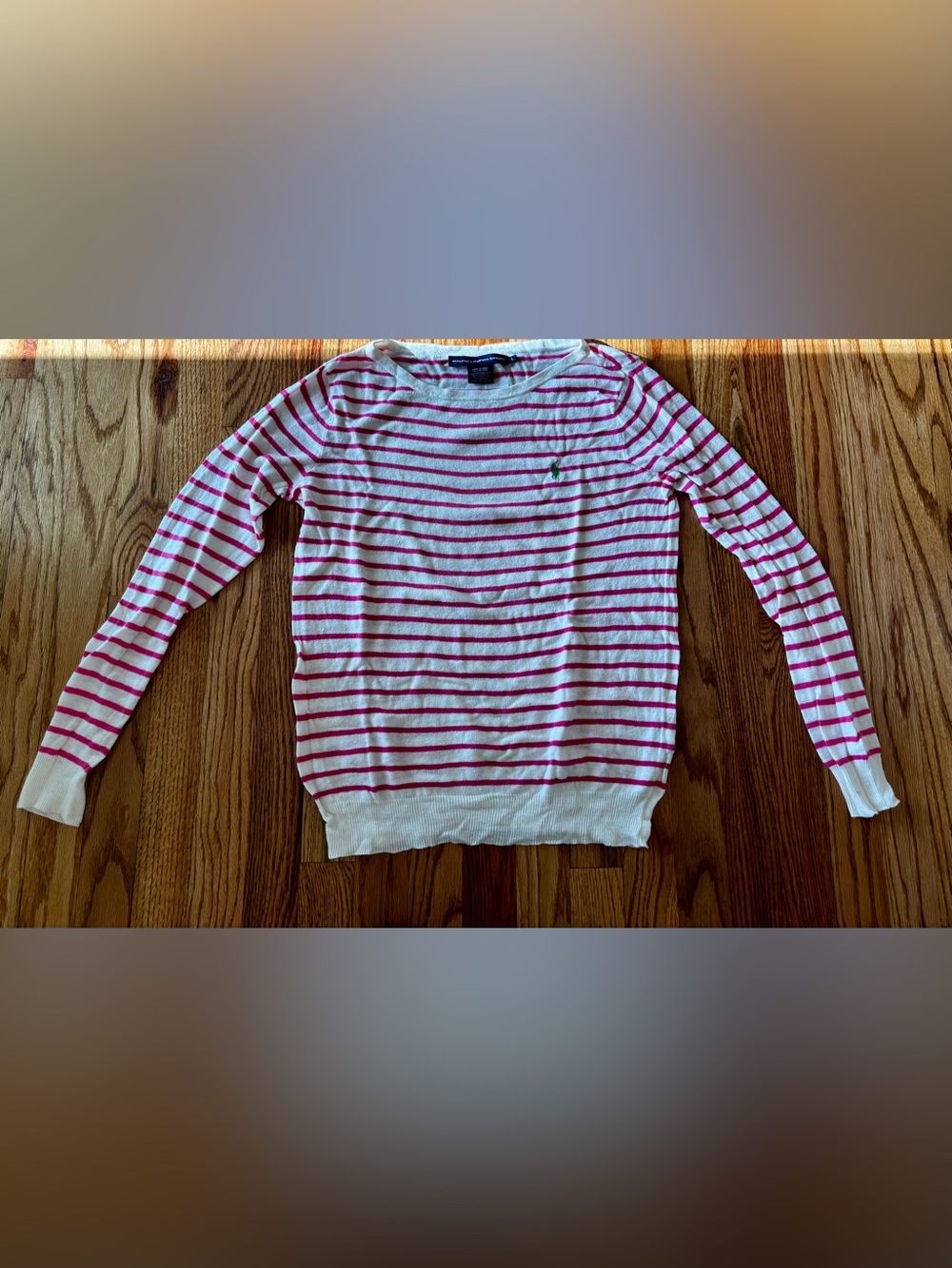 Ralph Lauren White Crewneck Sweater with Pink Stripes and Green Polo Logo